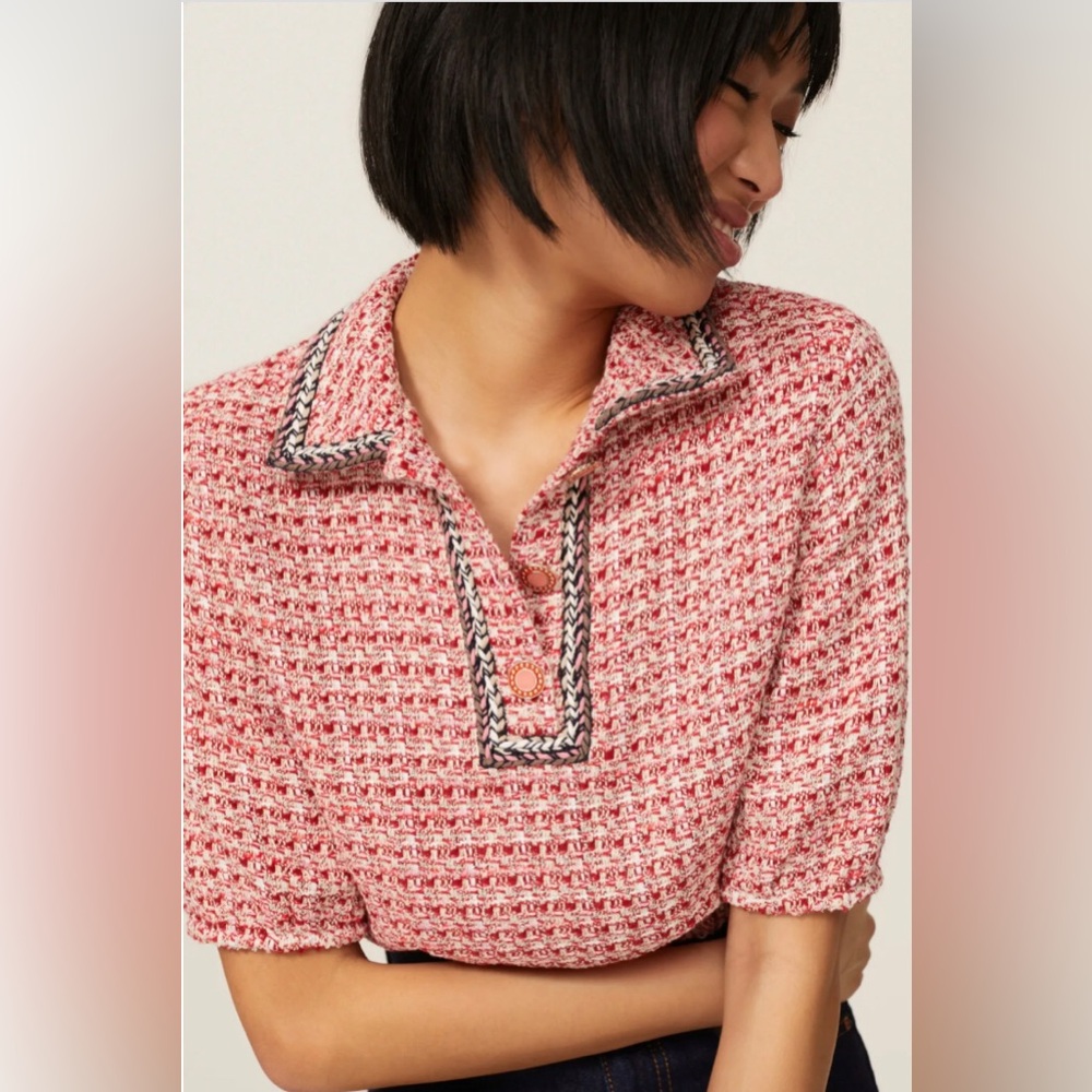 Maje Lenetia Cropped Tweed Sweater Short Sleeve Top Red Multi plaid sz 4 L - XL